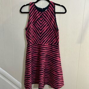 Pink & Navy A-Line Dress- Striped, Textured, Flowy Skirt, Zips up back- Size L